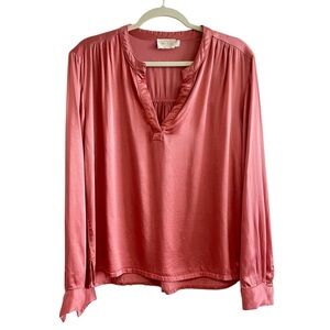 Nation LTD Ella Cut Away Henley Pink Dusty Rose Satin V-Neck Blouse Top Size M